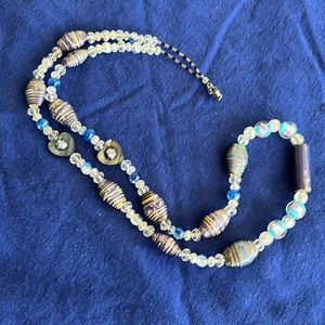 Rolled Paper Beads and Art Glass Necklace Mother of Pearl Crystal